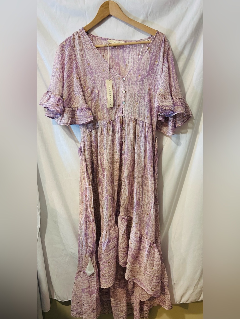 Love Stitch High-low Dress Patterned Lilac Fabric Vneck W/Delicate Ruffle Trim